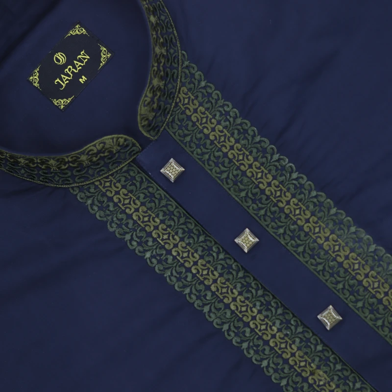Navy Blue Panjabi with Olive Embroidered Placket – Code 355A