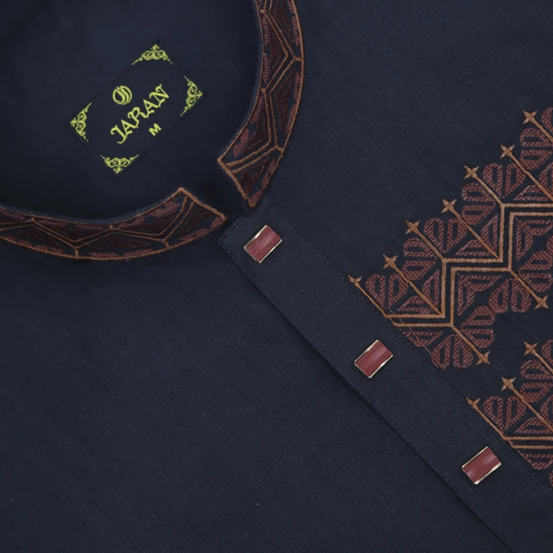 Deep Black Panjabi with Rust Embroidery – J329