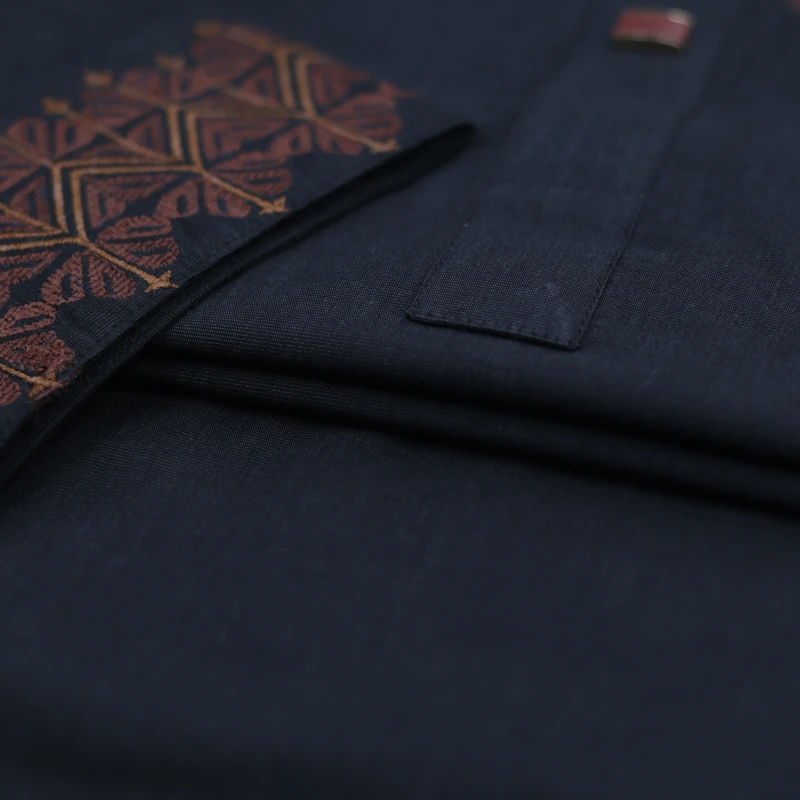 Deep Black Panjabi with Rust Embroidery – J329