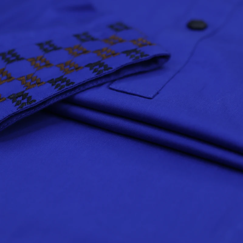 Bright Blue Panjabi with Black Embroidered Grid Pattern –J349A