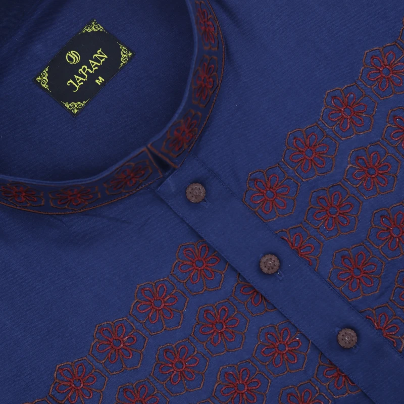 Royal Blue Panjabi with Maroon Geometric Embroidery – J495B
