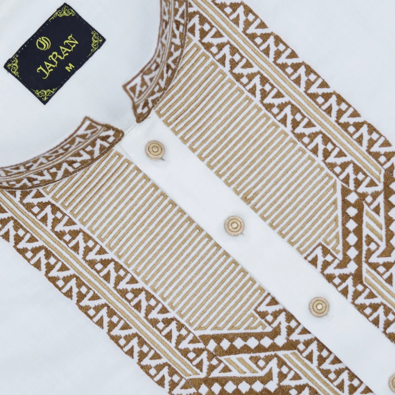 Premium White Panjabi with Gold Geometric Embroidery – J332