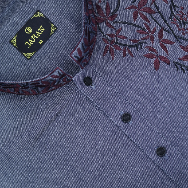 Denim Blue Panjabi with Maroon Leaf Embroidery – J321B