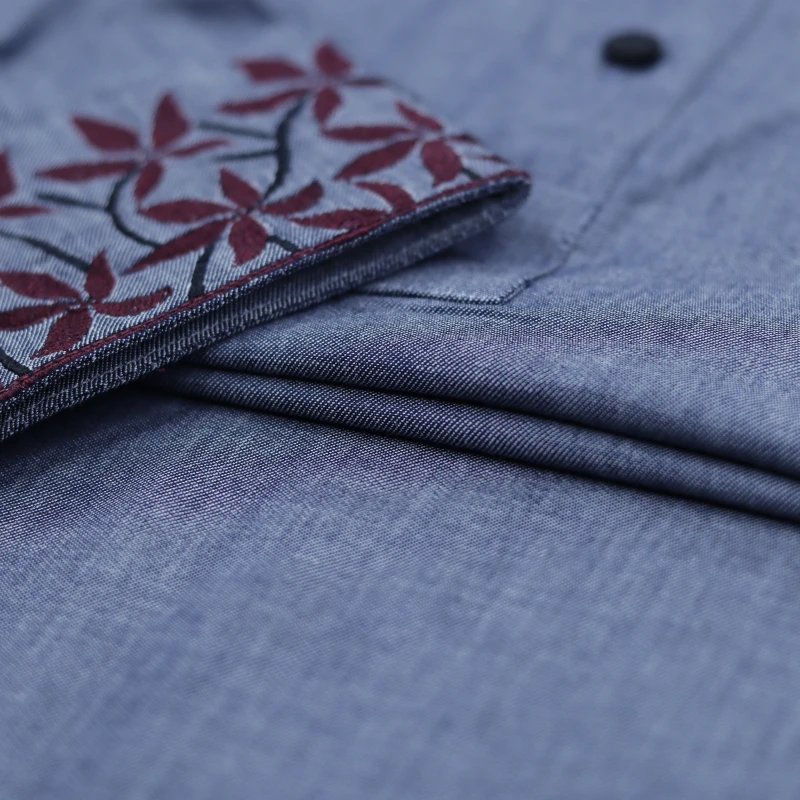 Denim Blue Panjabi with Maroon Leaf Embroidery – J321B