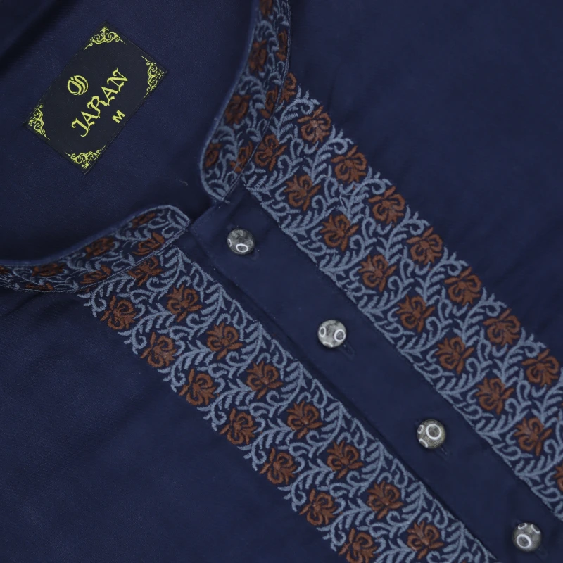 Elegant Navy Blue Panjabi with Ornate Embroidered Placket – J468B