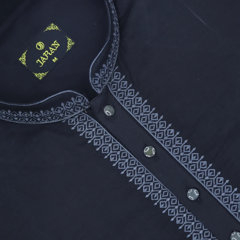 Black Panjabi with Grey Contrast Embroidery – J414B