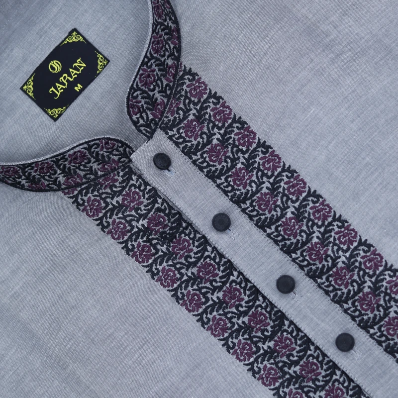 Light Grey Panjabi with Detailed Embroidered Placket – J468