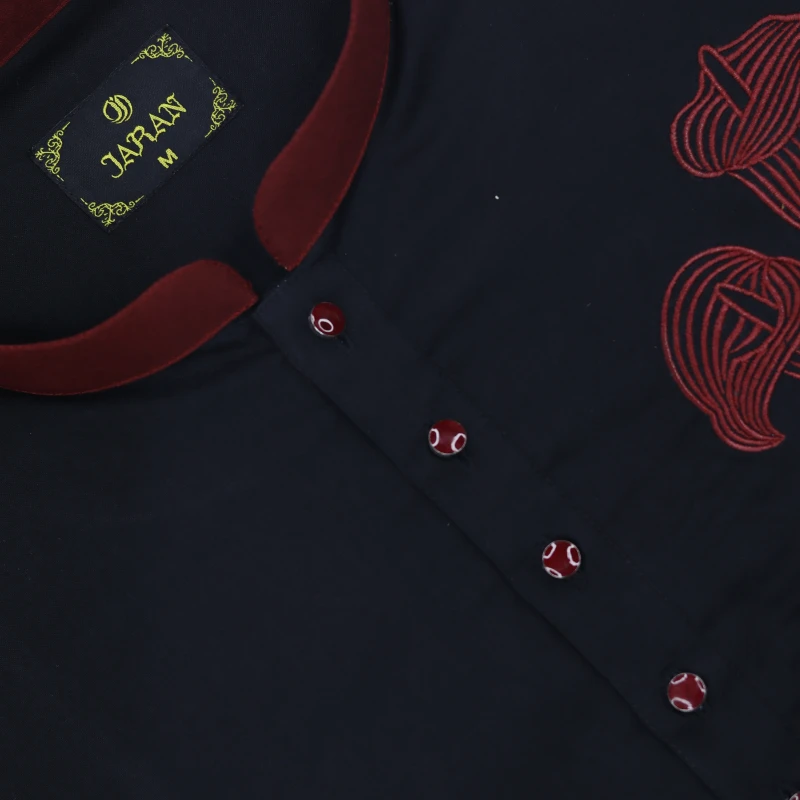 Black Panjabi with Red Floral Chest Embroidery – J3640B