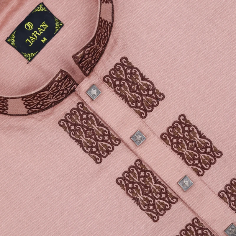 Peach Pink Panjabi with Maroon Thread Embroidery – J460A