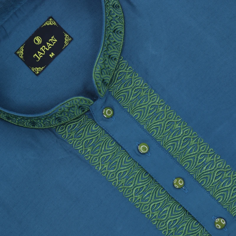 Teal Blue Panjabi with Green Embroidery – J405B