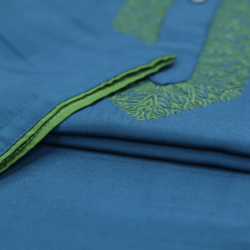Teal Blue Panjabi with Green Embroidery – J405B