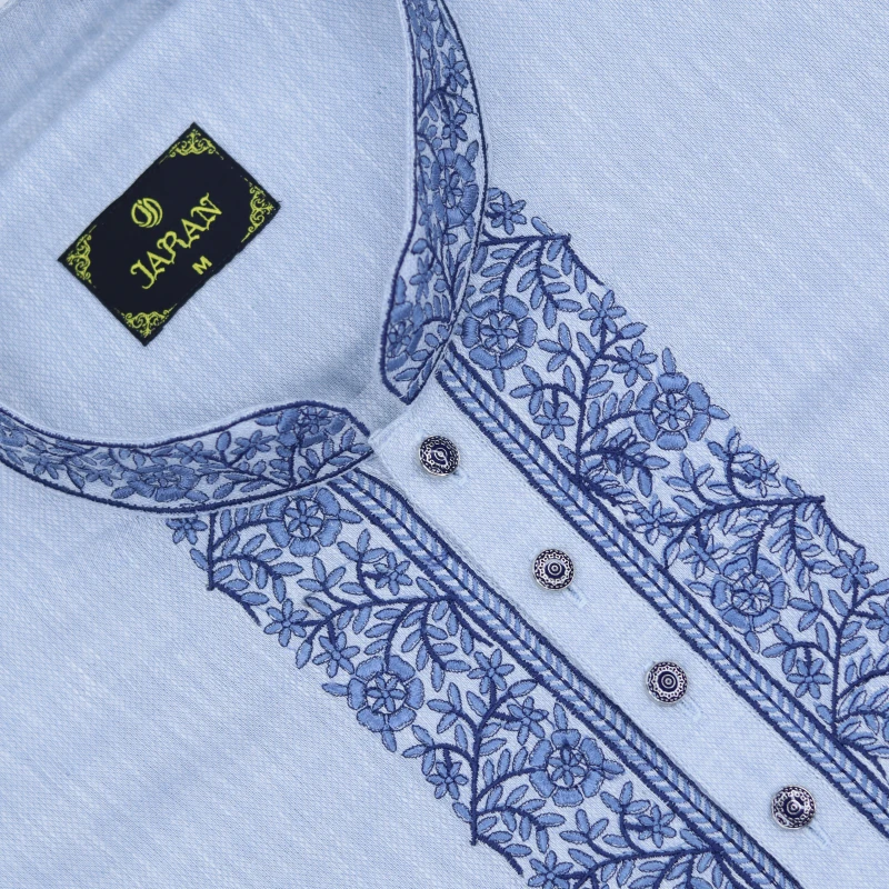 Light Blue Panjabi with Royal Blue Front Embroidery – J3340