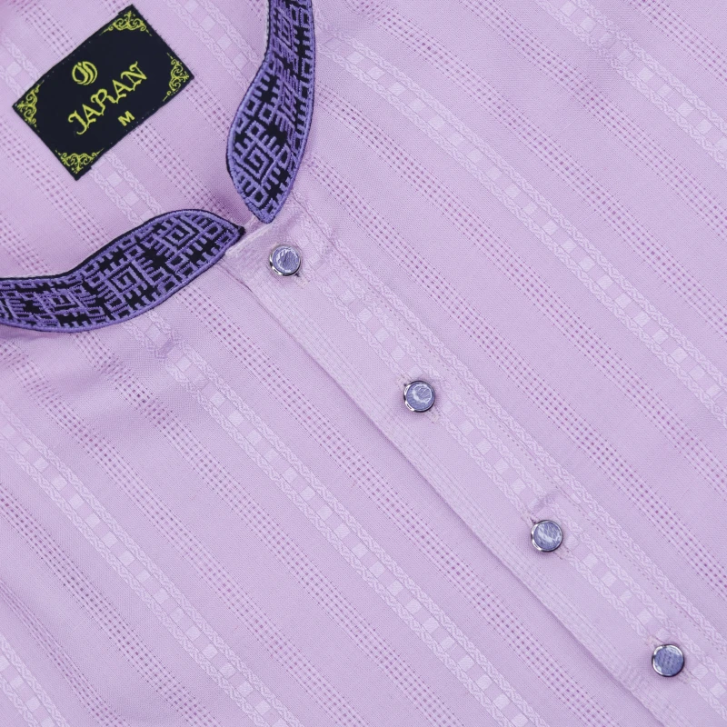 Light Pink Panjabi with Navy Patterned Collar & Cuffs – J4440