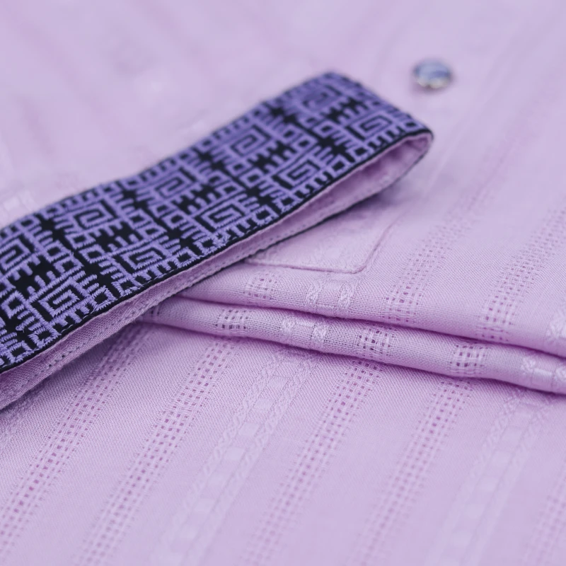 Light Pink Panjabi with Navy Patterned Collar & Cuffs – J4440