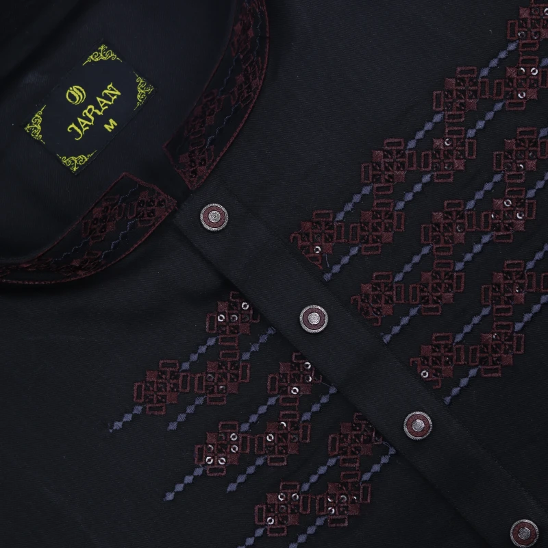 Midnight Black Panjabi with Maroon Embroidery – J459A