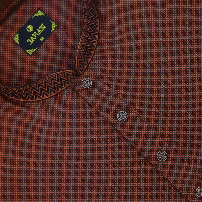 Rust Brown Panjabi with Patterned Collar & Cuff – J424A
